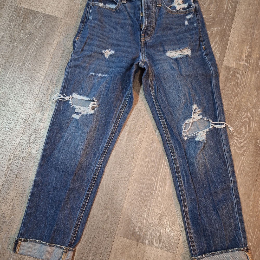 Old Navy Women's Sky Hi Straight Distressed Jeans - Dark Blue